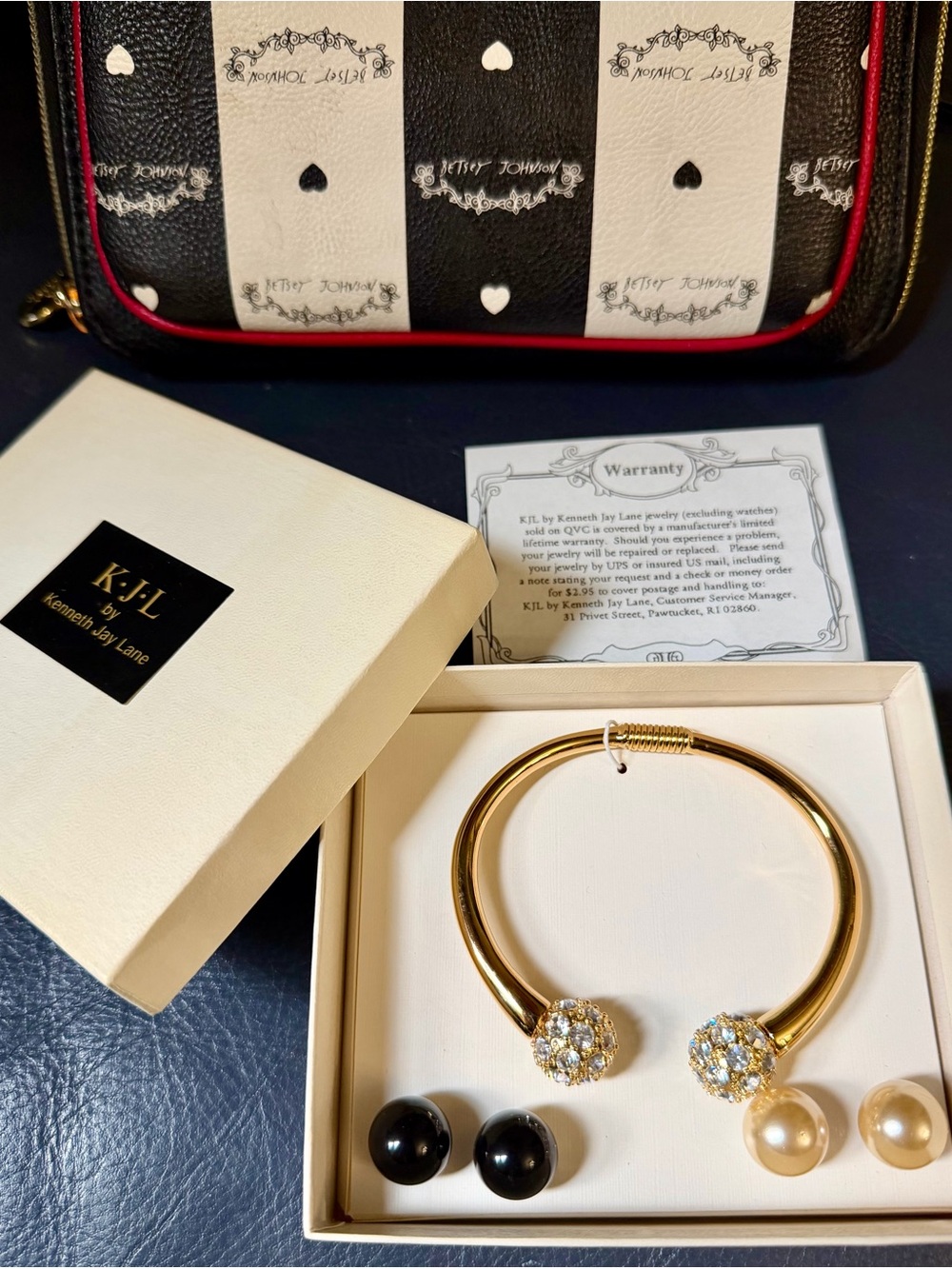 Kenneth Jay Lane Gold Open Bangle with Crystal & Pearl & Black End Caps!
